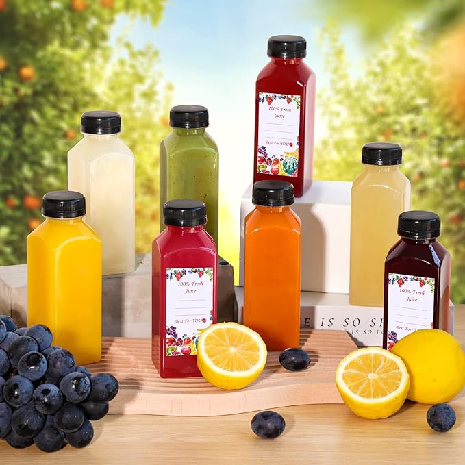 SUPERLELE 12pcs 12oz Plastic Juice Bottles with Caps, Clear Reusable Juice Containers with Lids for Juicing, Smoothie, Drinking and Other Beverages