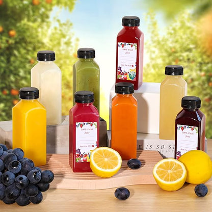SUPERLELE 12pcs 12oz Plastic Juice Bottles with Caps, Clear Reusable Juice Containers with Lids for Juicing, Smoothie, Drinking and Other Beverages