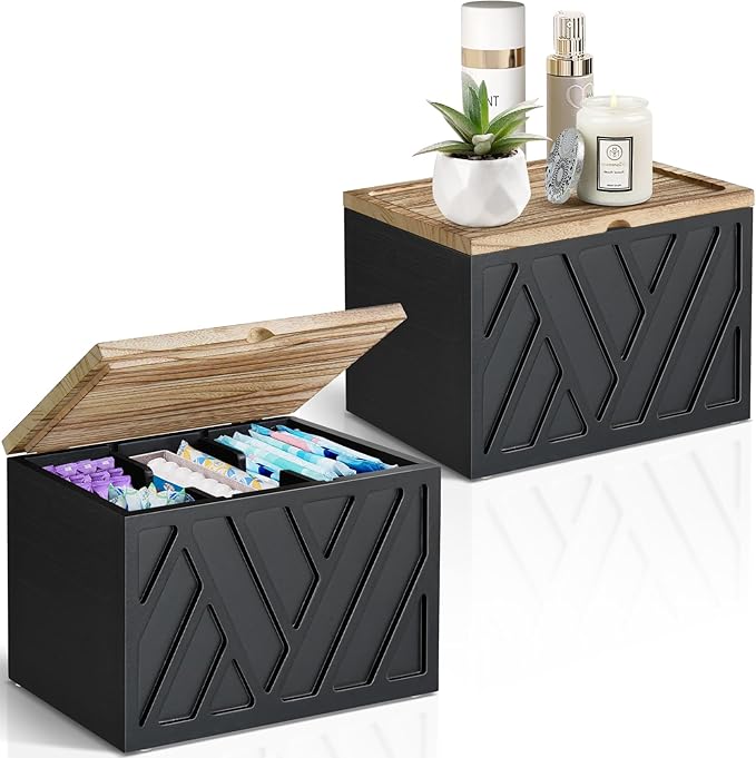 2 PCS Tampon Holder for Bathroom Decor, Feminine Product Organizer with Lid, Shark Week Tampon Storage, Wood Pad and Tampon Organizer for Toilet Organizer, Bathroom Accessories Box for Girl Stuff