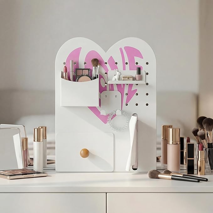 Magnetic Pegboard Organizer for Office Desk, Makeup Vanity, Stationery Storage, Gaming Desktop with 4 Metal Accessories Drawer Holder Hooks Modular - Home Decor Tabletop Display Kids Room - White