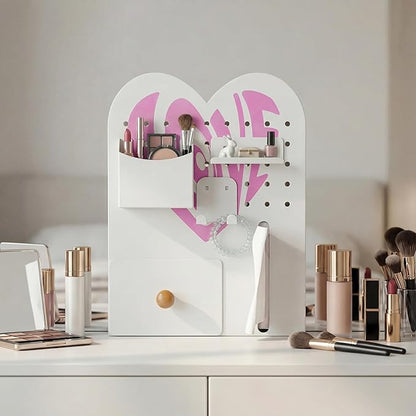 Magnetic Pegboard Organizer for Office Desk, Makeup Vanity, Stationery Storage, Gaming Desktop with 4 Metal Accessories Drawer Holder Hooks Modular - Home Decor Tabletop Display Kids Room - White