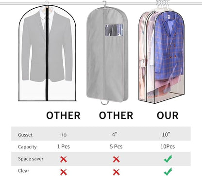 Clear Garment Bags for Hanging Clothes, 10" Gusseted Garment Covers for ClosetStorage, 40"Long Hanging Plastic Clothes Cover for Coat, Dress, Fur, BreathableFabric,Keep Clothes Neat and Tidy