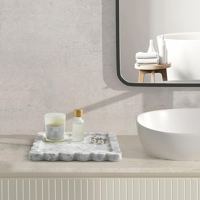 Real Natural Scalloped Marble Tray for Bathroom, Vanity, Kitchen and Desktop, Decorative Stone Tray for Jewelry, Cosmetics, Candles, Lotion, Perfume and Home Décor (White, 8" x 8")