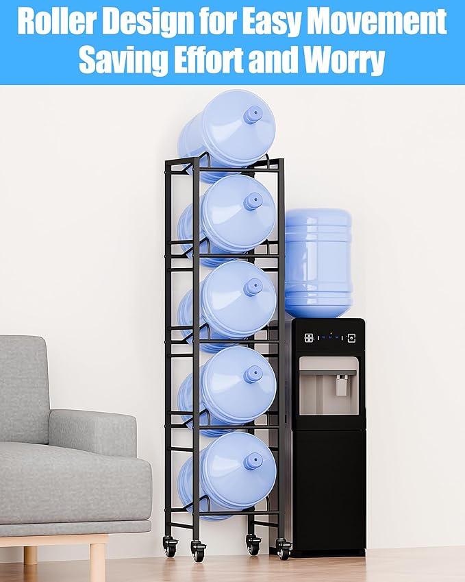 5 Gallon Water Jug Holder, Movable 5 Tier Heavy Duty Water Rack with 4 Wheels, Rack for Water Jug Storage, Space Saving Water Stand for Five 5 Gallon Water Jugs, Black