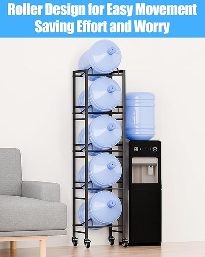 5 Gallon Water Jug Holder, Movable 5 Tier Heavy Duty Water Rack with 4 Wheels, Rack for Water Jug Storage, Space Saving Water Stand for Five 5 Gallon Water Jugs, Black