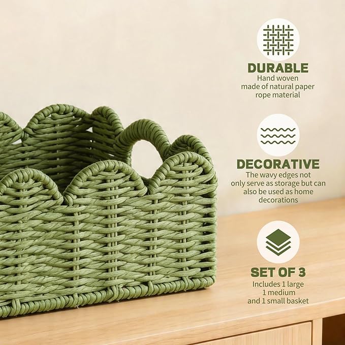 Hand Woven Paper Rope Scalloped Edge Decor Baskets for Home,Living Room, Bedroom,Storage over Above Behind Flush Tank,Toilet Basket,end Table,Shelves-Easily Fit with or Bedroom Decor,Set 3(Green)