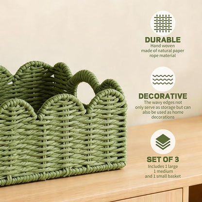 Hand Woven Paper Rope Scalloped Edge Decor Baskets for Home,Living Room, Bedroom,Storage over Above Behind Flush Tank,Toilet Basket,end Table,Shelves-Easily Fit with or Bedroom Decor,Set 3(Green)