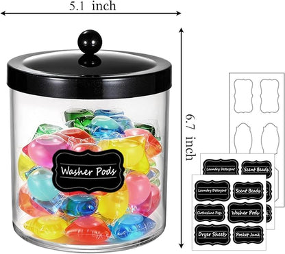 Amolliar 50 Oz Apothecary Jar - 2 Pack Clear Container with Stainless Steel Lid, Plastic Jar for Laundry Room Organization & Pods Storage, Bathroom Vanity Organizer, Kitchen Countertop Decor(Black)