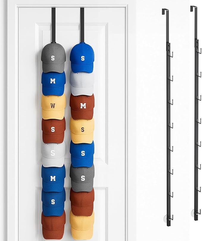 SWTYMIKI Over Door Hat Organizer - 2 Packs Metal Wall Mounted Hat Rack with 16 Hooks Design, Hanging Baseball Cap Organizer Storage Holds up to 32 Caps for Door, Bedroom, Closet