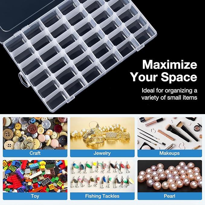 Benbilry 36 Grids Clear Plastic Organizer Box with Adjustable Dividers, 36 Compartment Clear Storage Container for Bead Organizer, Fishing Tackles, Felt Board and Jewelry Storage