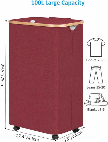efluky Laundry Basket with Wheels, Tall Rolling Laundry Hamper with Lid and Removable Bag, Aesthetic Dirty Clothes Hamper on Wheels for Laundry Room, Bedroom, Dorm and Bathroom, 100L Red