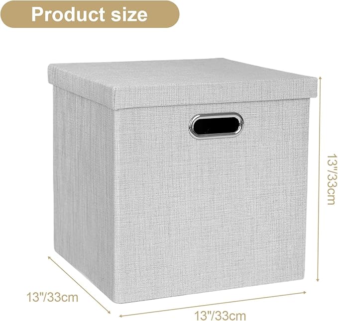 Posprica Storage Bins with Lids,13×13×13 Foldable Storage Cube Baskets Boxes Fabric Drawers for Closet Shelf Cabinet Bookcase,Set o f 4,Sliver grey