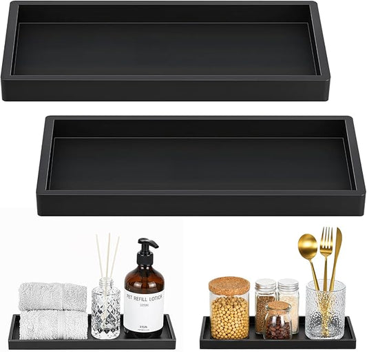 Luxspire Bathroom Vanity Tray, 11.8 x 5.1 Silicone Kitchen Counter Tray for Soap Dispenser, Bathroom Countertop Organizer for Perfume Soap Towel Bathroom Accessories, 2 Packs, Matte Black