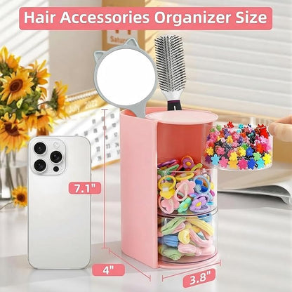 Luscinia Hair Accessories Organizer with Hair Brush Holder, Rotatable Makeup Brush and Jewelry Storage Box for Hair Clips, Earrings, Necklaces, Bracelets, Rings, and Daily Accessories (Pink, 3-Layer)