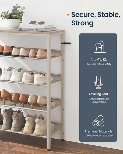 SONGMICS HOME 5 Tier Shoe Storage Organizer, Freestanding Shoe Rack, Dense Mesh, for Living Room, Bedroom, Entryway, Beige
