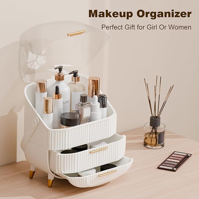 lurcns Makeup Organizers and Storage, Make up Organizer for Vanity Cosmetics Skincare Organizers With Lid and Drawers Display Cases for Countertop（White）