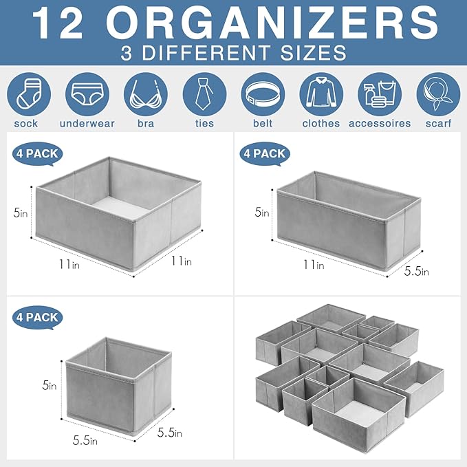 Criusia Drawer Organizer Clothes 12 Pack, Dresser Organizer for Nursery Bedroom Closet Organization and Storage - Baby Clothes Organizer Bins - Drawer Divider for Sock Underwear Bra Ties (Grey)