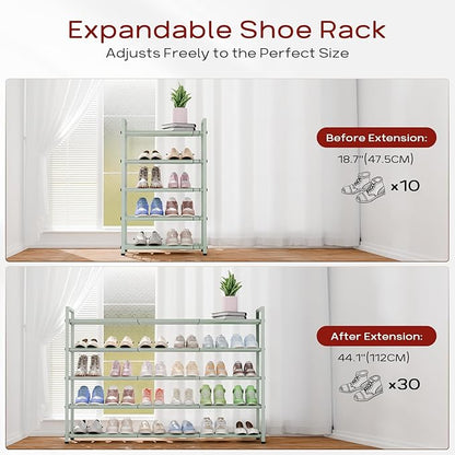Bumusty 5-Tier Long Expandable Shoe Rack for Closet, 18"-44" Adjustable Shoe Rack for Entryway, 25-30 Pairs Large Shoe Organizer Shelf Storage, Sturdy Metal, Green