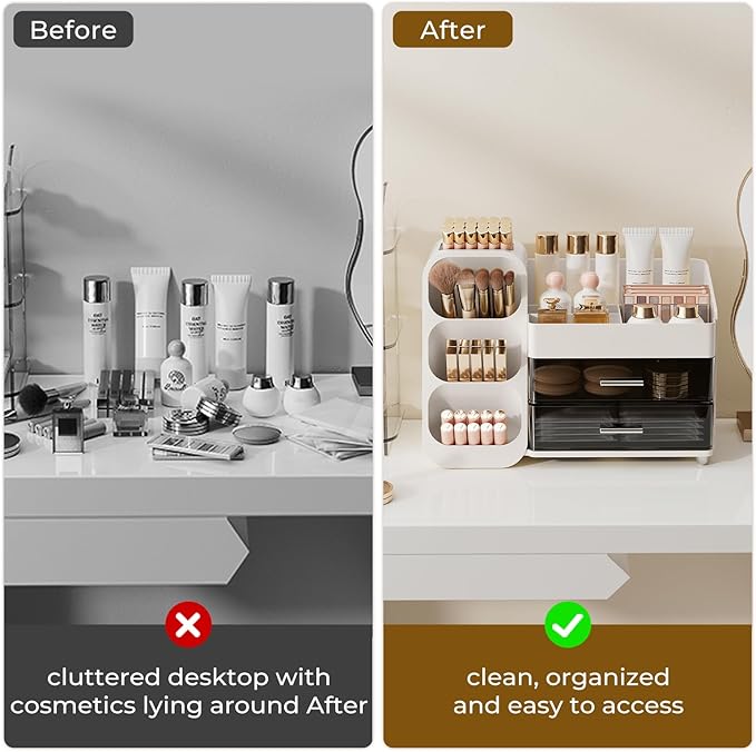 Makeup Organizer for Vanity with Brush Holder, Large Capacity Bathroom Countertop Skincare Organizer with 2 Drawers, Cosmetic Display Case for Perfumes, Eyeshadow Palettes, Nail Polishes