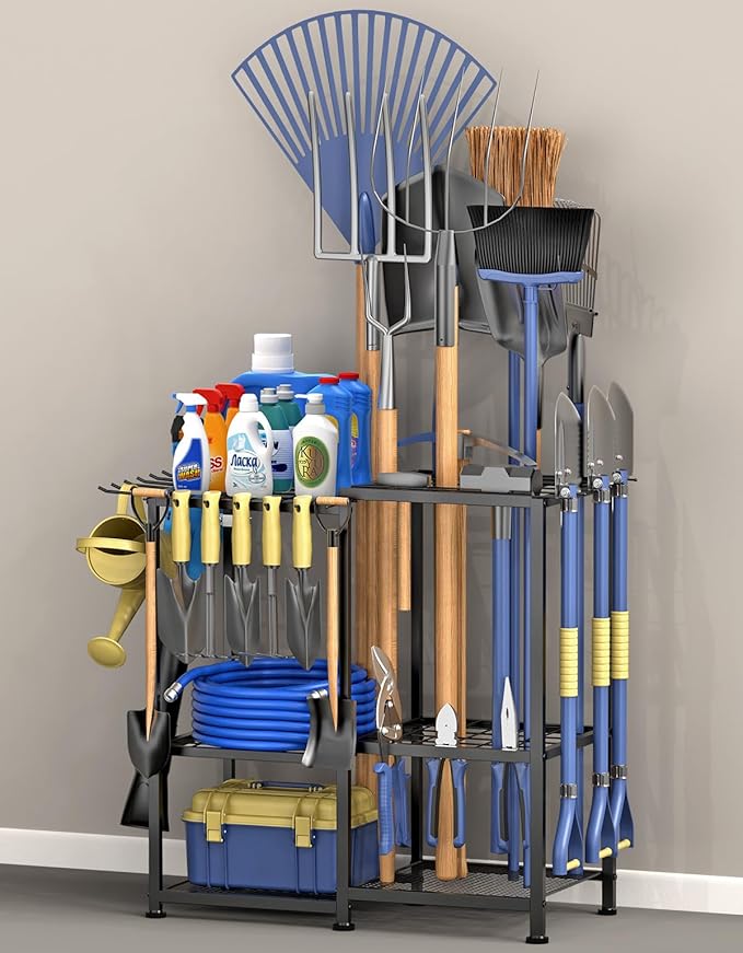 Garden Tool Organizer, Metal Yard Tool Organizer,Holds 70 Long-Handled Tools/Rakes/Brooms,Side Garden Pocket,Heavy Duty Steel Yard Tool Storage Rack for Garage,Shed, Outdoor(Black-Large)