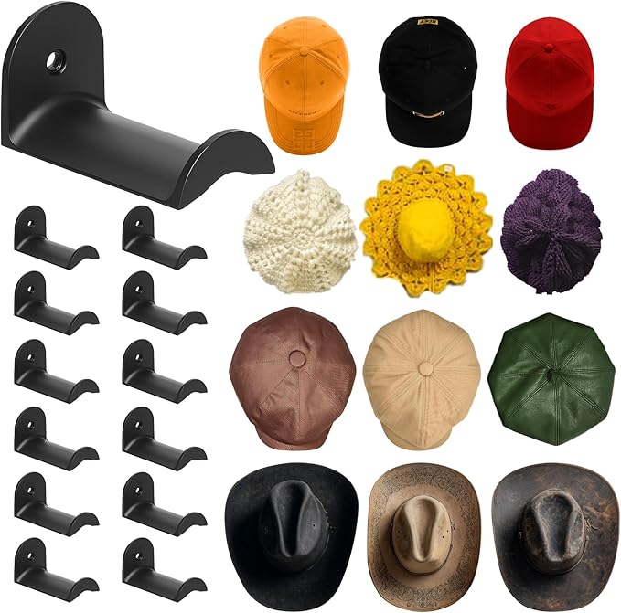 12 Pcs Cowboy Hat Rack for Wall, Hat Holder with Strong Adhesive Screws Bolts, Cowboy Hat Hook Hold up to 12 Hats, Hat Hanger for Baseball Caps Keys Accessories, Western Hat Hook Room Décor