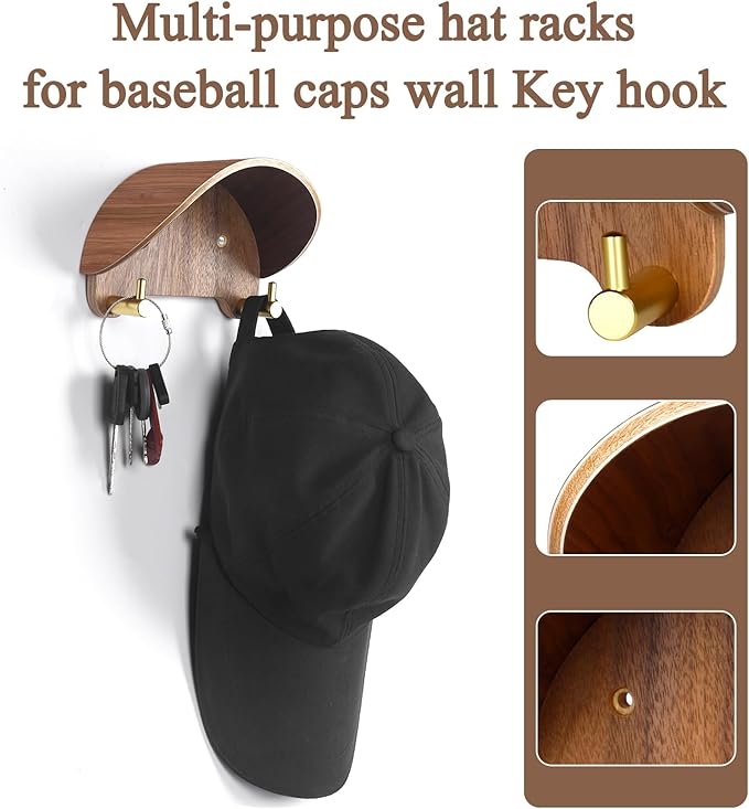 Cowboy Hat Rack for Wall（2-Pack）, Walnut Wood Cowboy Hat Holder & Hat Hooks for Wall, Non-Damaging Shape-Preserving Design for Wide Brim Hats, Compatible with Various Wall Surfaces