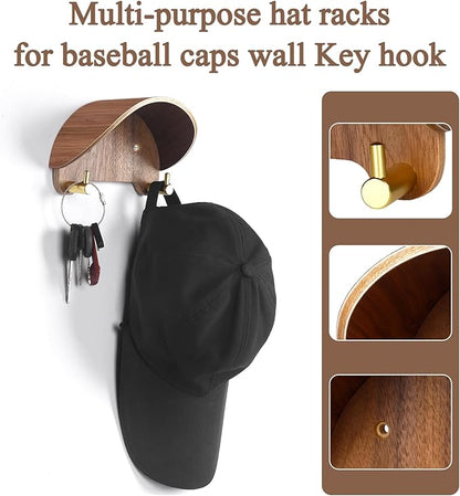 Cowboy Hat Rack for Wall（2-Pack）, Walnut Wood Cowboy Hat Holder & Hat Hooks for Wall, Non-Damaging Shape-Preserving Design for Wide Brim Hats, Compatible with Various Wall Surfaces