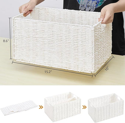 Vagusicc Wicker Storage Basket, Set of 2 Hand-Woven Paper Rope Wicker Basket, Small Storage Baskets for Organizing Toilet Paper Basket, Foldable Large Cube Storage Organizer Bins for Shelves (White)