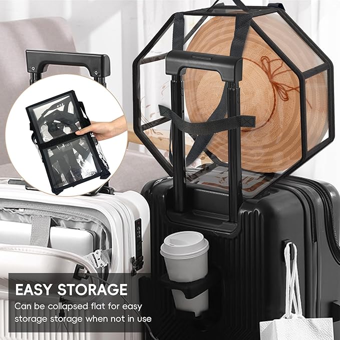 Clear Hat Organizer, Clear Hat Boxes for Women Storage, Dual Zipper and Handles, Foldable Travel Hat Storage, 16" D x 7" H, 2 Pack-Black