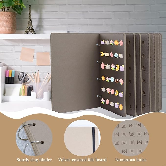 Shoe Charms Organizer, Hanging Shoe Charm Display Holder with 180 Holes 6 Enameled Pin Pages and 2 Front and Back Pages DIY Wall Mounted Portable Shoe Decor Charms Display Stand (Grey)
