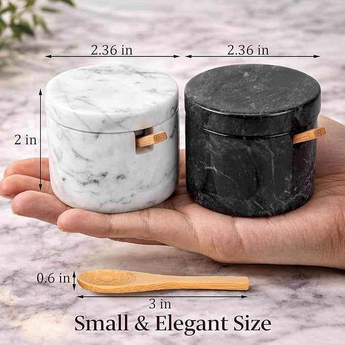 FoldTier 2 Set Marble Salt Cellar with Lid and Wooden Spoon Handcrafted Marble Salt Container Natural Spice Jars White Gray for Pepper Seasonings Small Round for Kitchen