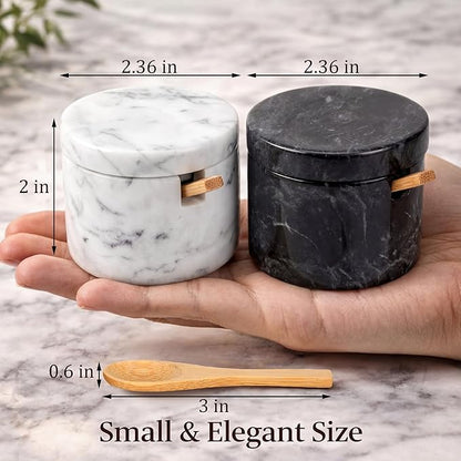 FoldTier 2 Set Marble Salt Cellar with Lid and Wooden Spoon Handcrafted Marble Salt Container Natural Spice Jars White Gray for Pepper Seasonings Small Round for Kitchen