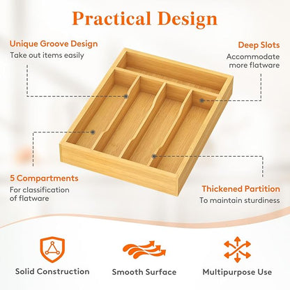 Lifewit Silverware Drawer Organizer, Utensil Tray for Kitchen, Flatware and Cutlery Holder, Storage for Spoons Forks Knives, 9.9 x 12.8", Natural
