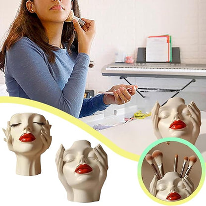 Women's Head Shape Boho Feminist Decoration, Minimalist Statue Storage Decor Face Makeup Brush Holder, Modern Statue Storage Makeup for Table Shelf Living Room Office (Beige 6.69 * 4.72 * 3.15in)