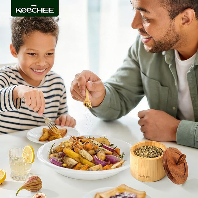 keechee Bamboo Salt Cellar with Acacia Lid & Spoon, 7.7oz Capacity with Built-In Spoon Slot & Labels, Two-Tone Countertop Seasoning Container (Single Compartment - 1 Pack)