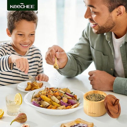 keechee Bamboo Salt Cellar with Acacia Lid & Spoon, 7.7oz Capacity with Built-In Spoon Slot & Labels, Two-Tone Countertop Seasoning Container (Single Compartment - 1 Pack)