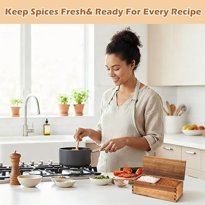 Acacia Wood Salt Cellar Spice Box with Magnetic Lid 29oz Large Capacity Salt Organizer 2 Compartments for Kitchen Countertop, Pepper, Seasonings, Spices, Grilling & Cooking