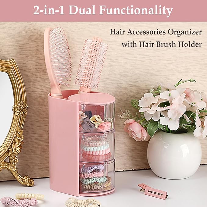 Hair Accessories Organizer with Hair Brush Holder Spinning Cosmetic Storage Case for Makeup Sponge Plastic Desktop Organizer, 3-Layer Pink