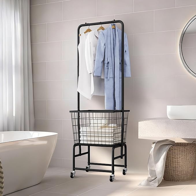 Rolling Laundry Cart with Wheels, Extra Large Laundry Hamper Basket Organizer with Clothes Hanging Rack, Wire Storage Cloth Shelf Butler, Black