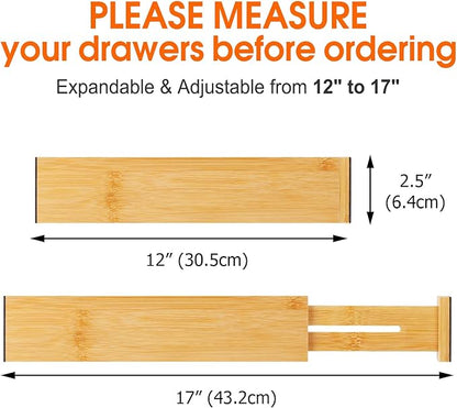 Bamboo Drawer Dividers Organizers, Kitchen Drawer Organizer, Adjustable Drawer Divider for Clothes, Kitchen, Dresser, Bedroom, Bathroom and Office, 4-Pack (Natural, 12-17 IN)