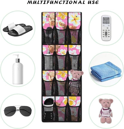Over the Door Shoe Organizer Tropical Flower Yak 12 Breathable Mesh Pockets Behind the Door Storage Organizer Space Saving Hanging Storage Bag No Drill Door Rack for Shoes