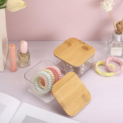 Hipiwe 2 Pcs Plastic Cotton Swab Organizer with Lid Clear Apothecary Jars Bathroom Accessories Dispenser Set Square Storage Canister for Cotton Balls Pads Floss Picks