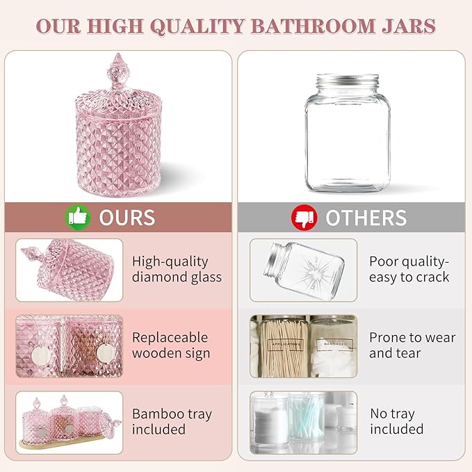 3Pack Pink Glass Qtip Holder Set with Bamboo Tray - 10oz Diamond-Facet Apothecary Jars with Lids - Bathroom Canisters for Cotton Swabs, Balls, Pads & Floss Picks - Vanity Storage Organizer