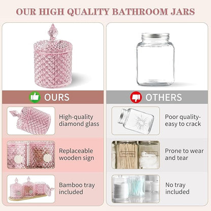 3Pack Pink Glass Qtip Holder Set with Bamboo Tray - 10oz Diamond-Facet Apothecary Jars with Lids - Bathroom Canisters for Cotton Swabs, Balls, Pads & Floss Picks - Vanity Storage Organizer