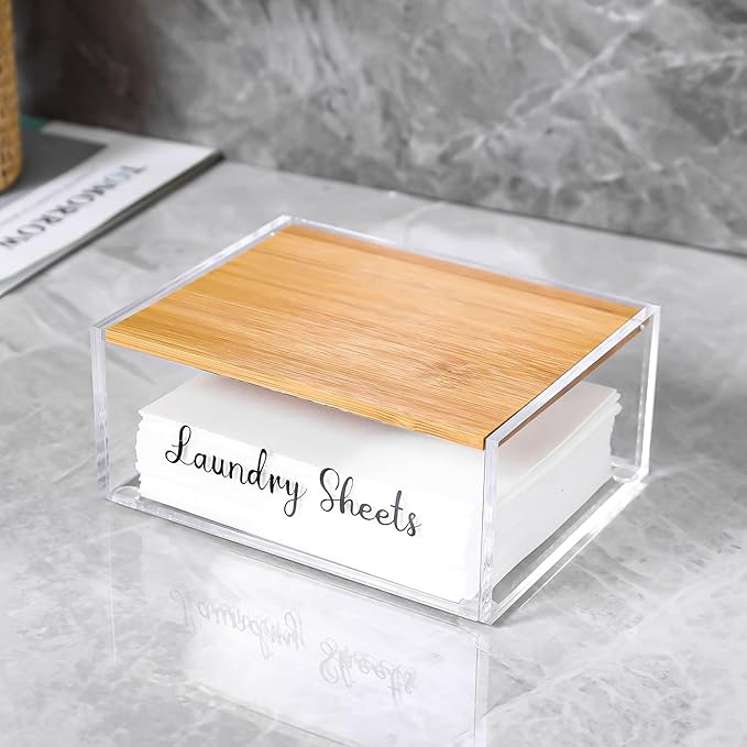 Acrylic Laundry Detergent Sheets Holder with Bamboo Lid, Laundry Soap Sheets Container Box Dispenser for Laundry Room