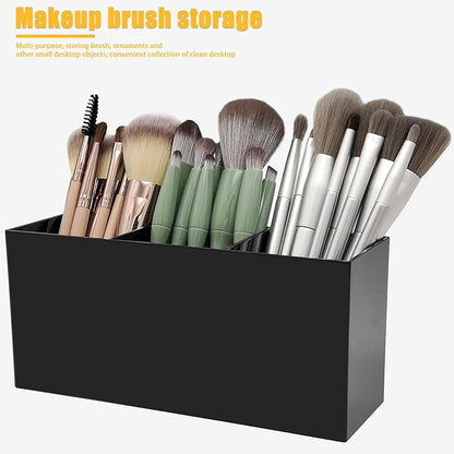 Cerpourt Black Makeup Brush Organizer,Acrylic Cosmetic Brushes Storage Holder with 3 Slots,Pencil Pen Holder for Desk,Desk Organizer and Accessories for Vanity
