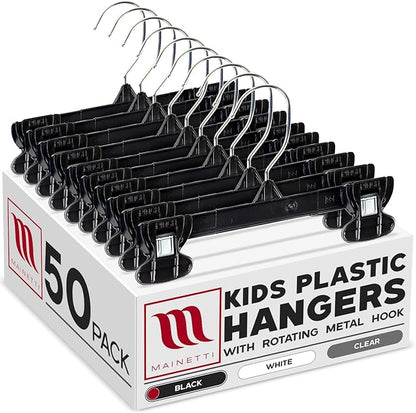 MAINETTI - 6008SMB50 Mainetti 6008 Black Plastic Children's Hangers - 50 Pack with Rotating Metal Hook and Sturdy Plastic Non-Slip Clips, Great for Pants/Skirts/Slacks/Bottoms, 8 Inch