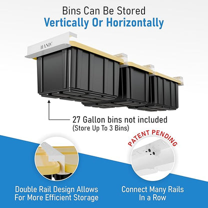 USA Based Overhead Garage Storage Rack, Connectable Heavy Duty Metal Ceiling Rails Garage Storage Organization Shelving System, Hanging Racks Tote Containers, Supports Up To 3 Bins, 2 Sets White