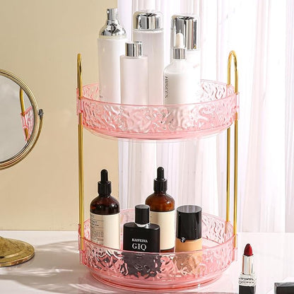 Fangoo 2 Tiers Pink Rotating Makeup Organizer for Vanity, 360 Spinning Skincare Organizers for Dresser Perfume Organizer Large Skincare Make up Storage Cosmetic Organizer for Bathroom Countertop