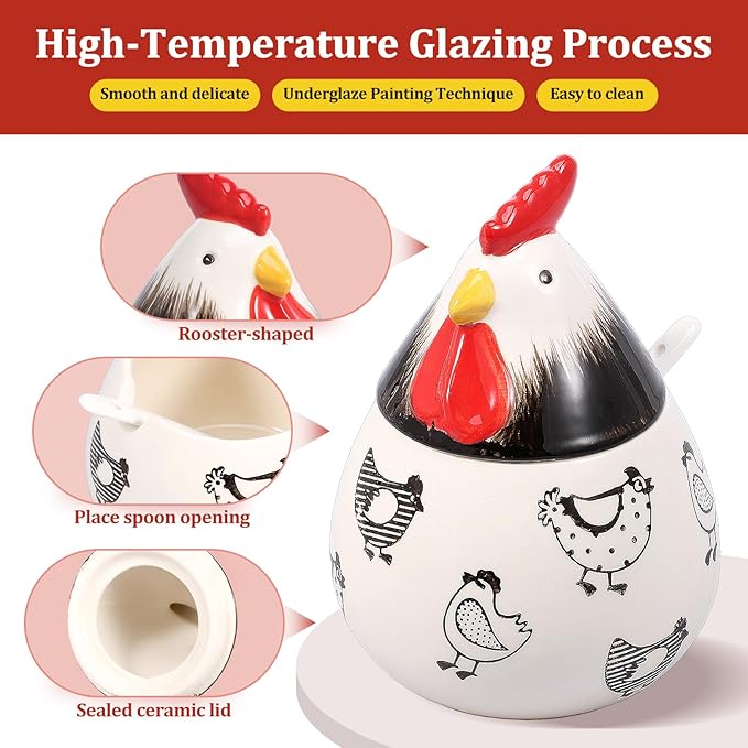 Ceramic Salt Cellar with Lid and Spoon,17oz Large Chicken Rooster Cookie Jar Salt Containers Holder for Countertop Spices,Cute Farmhouse Kitchen Decor,Spice Jar for Coffee,Sugar,Spices,Candies (#A)